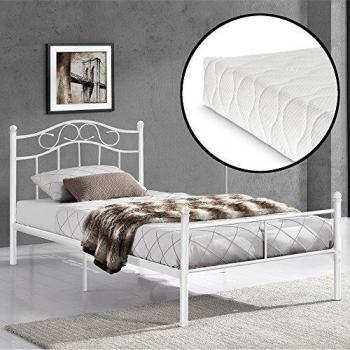 Cama individual Florenz con cabecero curvado, colchón y somier de metal 120x200 - Blanca