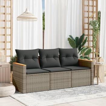 Set de sofá de jardín 3 piezas en Polyrattan con almohadas grises