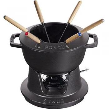 STAUB Juego de fondue con 6 tenedores, Apto para fondue de queso, chocolate y carne, Hierro fundido, Negro, 18 cm