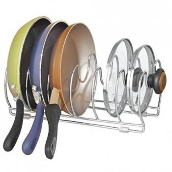 mDesign Organizador de sartenes y tapaderas – Soporte de metal cromado con 6 compartimentos para sartenes y tapas de ollas – Organizador de cajones y armarios de cocina