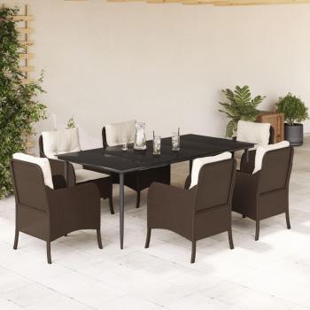 7-Piece Brown Poly Rattan Garden Dining Set with Cushions
