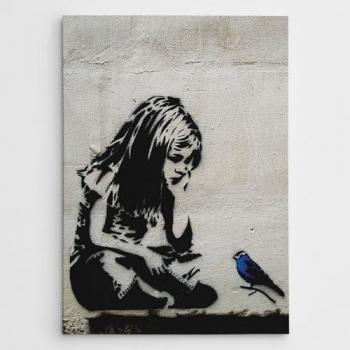 Impresión sobre Lienzo Banksy Niña con Pájaro Azul, Poliéster, Madera, Gris y Negro, 70x3x100 cm