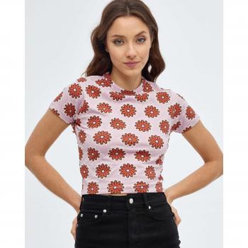 Camiseta crop slim de manga corta y cuello redondo con estampado total INSIDE - Camiseta de mujer de manga corta con estampado de flores