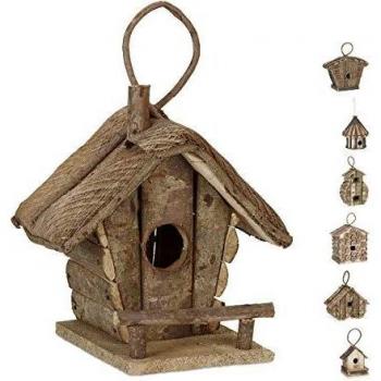 Casa para pájaros colgante de madera natural, diseño decorativo para balcón y jardín, dimensiones 28,5x20,5x17,5 cm