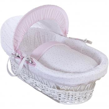 Clair de Lune – moisés con cesta de mimbre, estrellas y rayas, color blanco, con ropa de cama, colchón y capucha ajustable