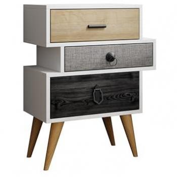 Mesita de Noche Leticia 3C, Estructura Blanca, Patas de Madera, Tiradores Metálicos, 3 Cajones en varios colores, Dimensiones: 52x68x29.5 cm
