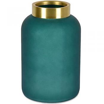 Jarrón Decorativo 23cm Verde Cristal Opaco con Tope de Metal Dorado y Diseño de Tul