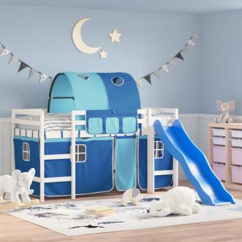 Cama alta infantil con túnel de madera de pino azul 90x190 cm