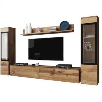 Conjunto de salón Sarasota 126, Wotan roble, con mesa de TV y partes separadas, aglomerado laminado y vidrio templado, dimensiones 132x33cm