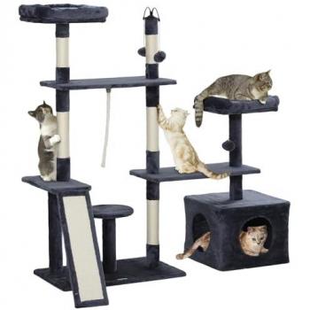 PawHut Árbol Rascador para Gatos 134 cm con Nidos, Cueva, Plataformas, Bolas de Juguete y Postes de Sisal en Gris Oscuro
