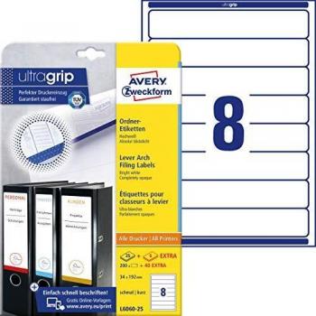 Etiquetas para Ordner Avery Zweckform L6060-25, 192 x 34 mm, autoadhesivas, blancas, paquete de 240 etiquetas en 30 hojas