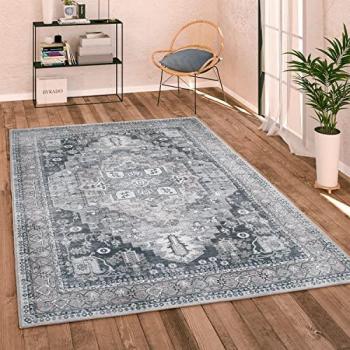 Alfombra Redonda Lavable de Tejido Plano Moderna Vintage Oriental Ø 160 cm Color Gris 2
