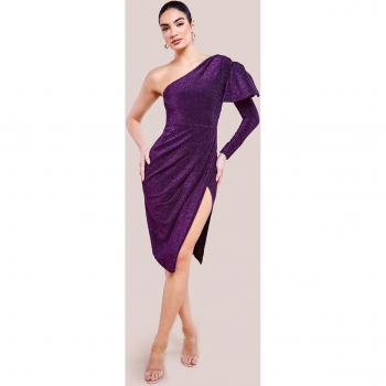 Goddiva One Sleeve Frill Lurex Midi Dress - Purple