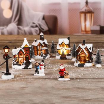 Adorno de escena de pueblo navideño LED con casas iluminadas en 3D y decoración de nieve
