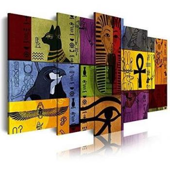 DekoArte 470 - Cuadros Modernos Impresión de Imagen Artística Digitalizada | Lienzo Decorativo para Tu Salón o Dormitorio | Estilo Abstacto Egipcio en Tonos Vivos | 5 Piezas 150 x 80 cm