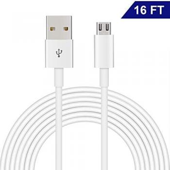 Cable Micro USB de Dericam para cámaras de Seguridad domésticas y teléfonos/tabletas móviles Android, 5V 2A, 5 metros/16 pies, Transferencia de Datos USB 2.0 de Alta Velocidad y Carga rápida, Blanco