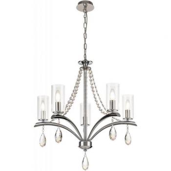Lámpara colgante Rhea cromo pulido 5 bombillas E14, cristal con vidrio transparente, 82 cm