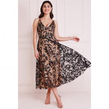 Goddiva Sequin Mesh V-Neck Flared Skirt Midi