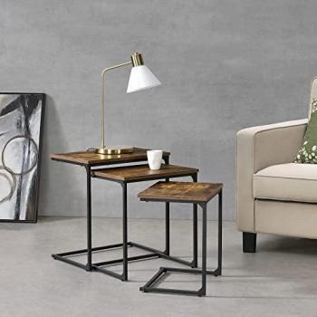 Set de 3 Mesas de Centro Tjörn en Aglomerado y Acero - Negro con Efecto de Madera Tono Oscuro