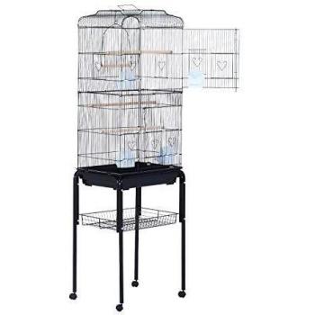 Pawhut Jaula de Pájaros con 2 Puerta Jaulas para Aves con 4 Ruedas Universales Jaulas para Canarios Loros 47,5x37x153 cm Negro