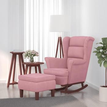 Sillón mecedora con patas de madera y taburete de terciopelo rosa