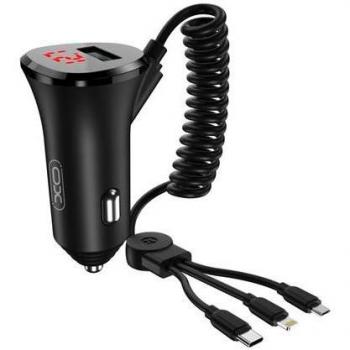 XO CC36 Cargador de Coche 4 en 1 - Carga hasta 4 Dispositivos Simultáneamente - Pantalla LED - Entrada USB y Salidas USB-C, MicroUSB y Lightning