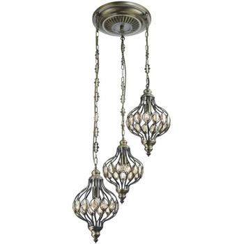 Lámpara colgante Marisa de Latón envejecido, 3 bombillas, diámetro de 51 cm, diseño triple redondo, con portalámparas E27 y cristal ámbar