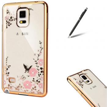 Feeltech Samsung Galaxy Note 4 Funda Ultra Thin Delgado Brillar Suave de TPU Electrochapado Case con Diseño Jardín Secreto Flores El Bling Cristal Diamante Bumper Espalda Cáscara para Samsung Galaxy Note 4-Oro Rosado Henna