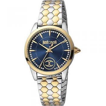 Reloj de Pulsera Just Cavalli Glam Chic Mujer - Correa Gris Plata, Oro Amarillo, Dial Azul Noche