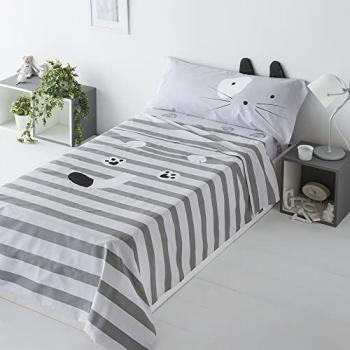 Juego de Sábanas Infantil Gris Gato 50% Algodón 50% Poliéster Cama de 105 con Funda de Almohada y Sábana Bajera Ajustable