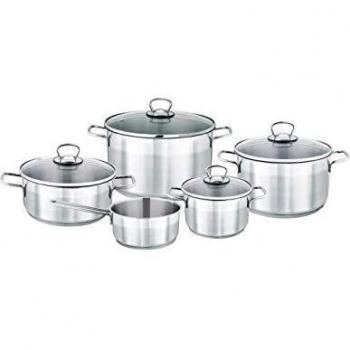 Batería de Cocina Baumalu 9 Piezas de Acero Inoxidable con panelas antiadherentes, apta para todo tipo de cocinas, incluye cacerolas y sartenes, fabricada en acero inoxidable de
