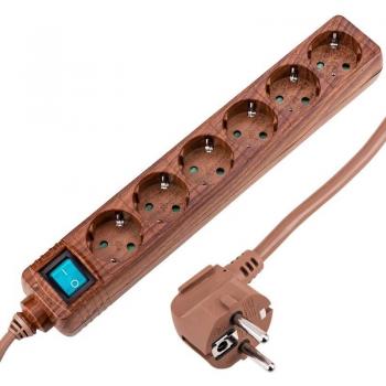 Regleta de enchufes 6 schuko 16A 250V madera con cable de 1.5m - BeMatik