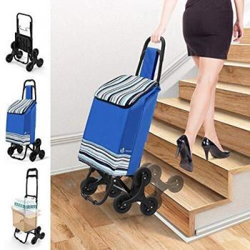 Carrito de compras plegable 2 en 1 con 6 ruedas para escaleras - Azul