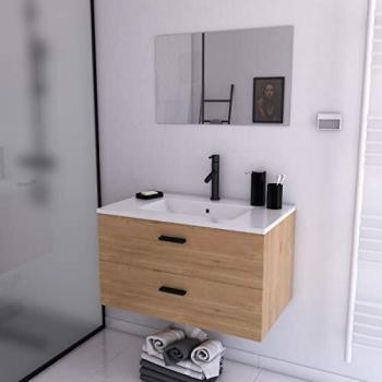 Mueble de baño 80cm suspendido con 2 cajones, decoración en madera, lavabo y espejo