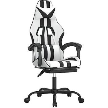 Silla gaming con reposapiés cuero sintético blanco negro, asiento ergonómico, reposabrazos, ruedas giratorias, altura ajustable, diseño profesional