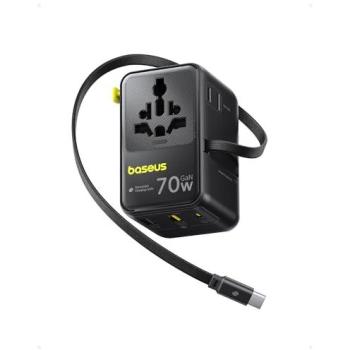 Cargador Baseus 70W GaN Adaptador de Viaje Universal con Cable Retráctil Integrado, 2 AC, 2 USB-A y Tipo-C, Carga Rápida EU/UK/USA/AUS