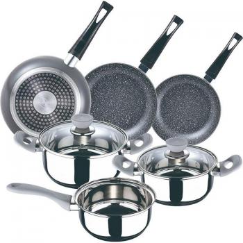 Juego de Batería de Cocina San Ignacio 5 piezas Alexia + Set de 3 Sartenes Aluminio Prensado (16, 20, 24 cm)