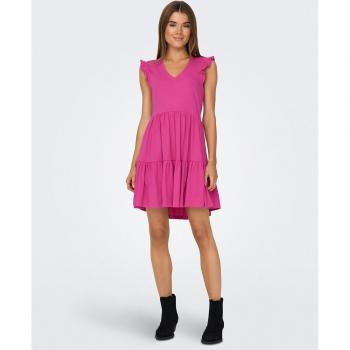 Vestido corto fluido Only - Manga Corta Volantes Fucsia
