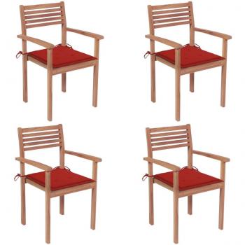 Teak Wood Garden Chairs Set of 4 with Red Cushions