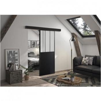 Kit de Puerta Corredera Optimum Atelier Negro con Riel, 2 Amortiguadores y Cubierta de Riel - 204 x 73 cm - Cristal Esmerilado
