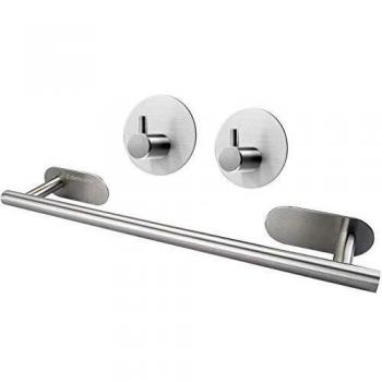 Toallero de Baño Adhesivo Sin Taladro, Toalleros Baño Barra de Toalla de Baño de Acero Inoxidable con 2 Ganchos Autoadhesivos