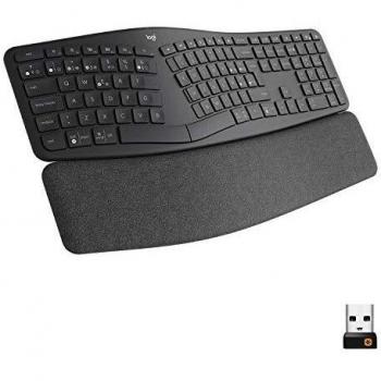 Logitech ERGO K860, teclado ergonómico inalámbrico con distribución de teclado partido, reposamanos, tejido resistente a las salpicaduras, Windows/Mac, Bluetooth, USB, QWERTY Español , Gris