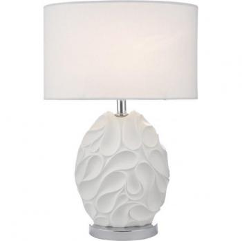 Lámpara de mesa Zachary en blanco y cromo pulido con 1 luz, ovalada, pantalla de tambor redonda