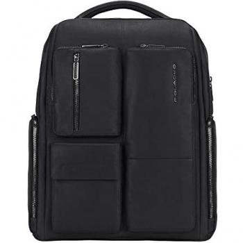 Piquadro Ronnie Large Black Leather Multi-Pocket Backpack for Men with Laptop Compartment