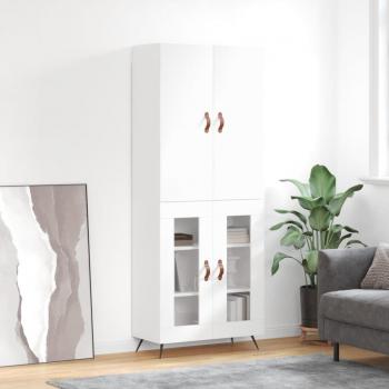 Aparador alto de madera contrachapada blanco brillo 69,5x34x180 cm con 2 puertas de cristal, mueble de almacenaje para salón, buffet y armario auxiliar