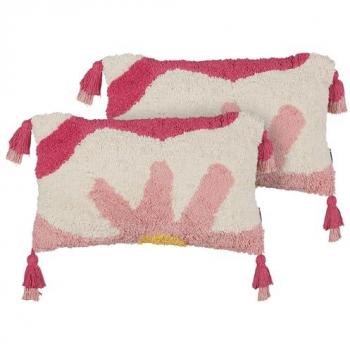Conjunto de 2 cojines decorativos de algodón tufted con borlas, motivo floral, rosa y blanco, 30 x 50 cm