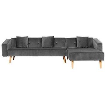 Sofá Cama Esquinero Reclinable con 3 Almohadas en Terciopelo Gris y Patas de Madera Clara, Chaise Longue Izquierda, 4 Plazas