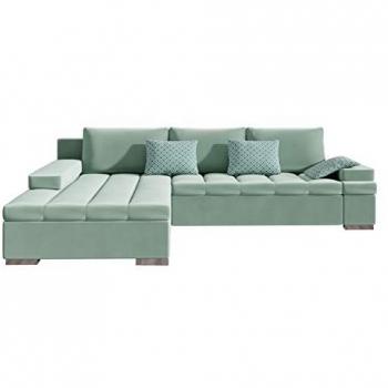 Sofá rinconero Comfivo 113, turquesa, función de descanso, caja de ropa de cama, 310x175x83cm