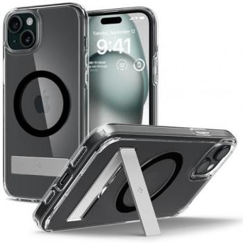 Funda Spigen Ultra Hybrid S MagSafe para iPhone 15 - Negra, Transparente y con Soporte