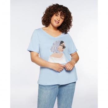 Camiseta de mujer Fiorella Rubino con estampado y pedrería, manga corta, dibujo frontal
